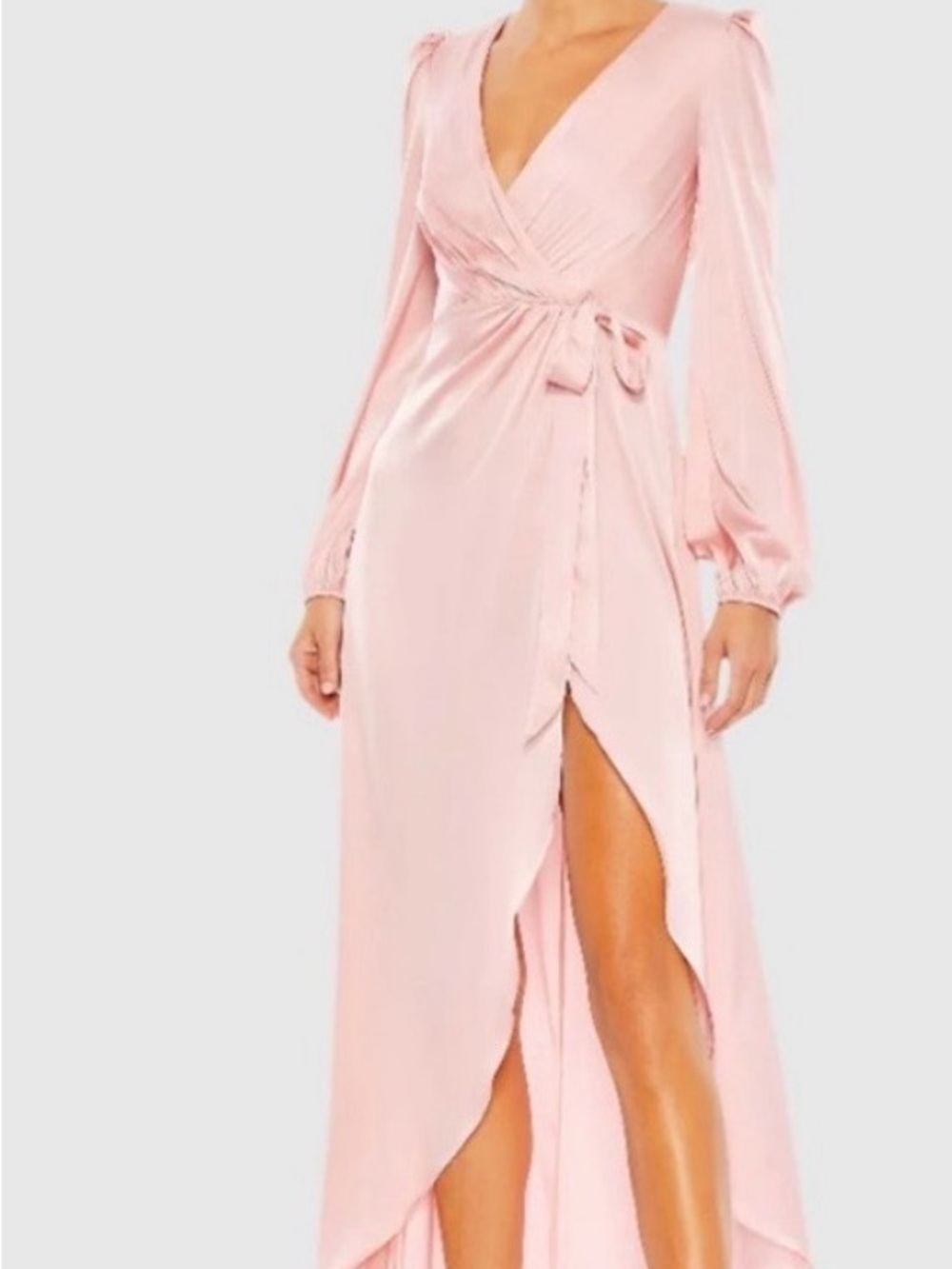 Soft Pink Wrap High-Low Maxi Dress with Long Sleeves